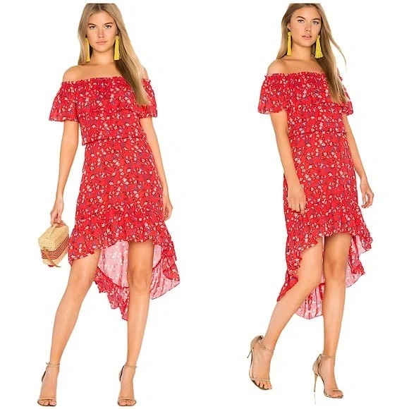 REVOLVE Devlin Carrie Women's Dress Red Ditsy Floral Off Shoulder M - Picture 4 of 15